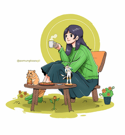 Anime Girl Enjoying Green Tea branding design graphic design illustration illustrator ilustrasi poster design vector vector art