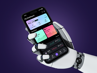 Crypto Trading Mobile App apps bitcoin crypto currency finance financial fintech hand holding phone investment market mobile app mockup money phone phone mockup robot hand trading ui uiux
