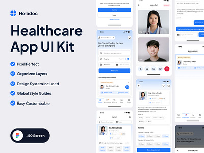 Holadoc - Healthcare UI Kit appointments book booking call care chat doctor health healthcare kit log in login mobile nurse sign in sign up ui kit video call