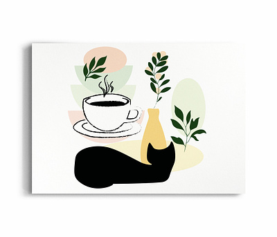 Coffee Black Cat Plants Leaves abstract animal cat coffee coffee cup coffee mug cute design exotic illustration leaves lineart plants summer