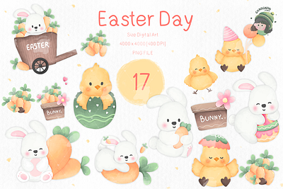 Easter Day and Bunny Clipart 17 Elements | NOT BY AI 3d animation branding bunny cartoon design easter easter day graphic design illustration logo motion graphics typography ui ux vector