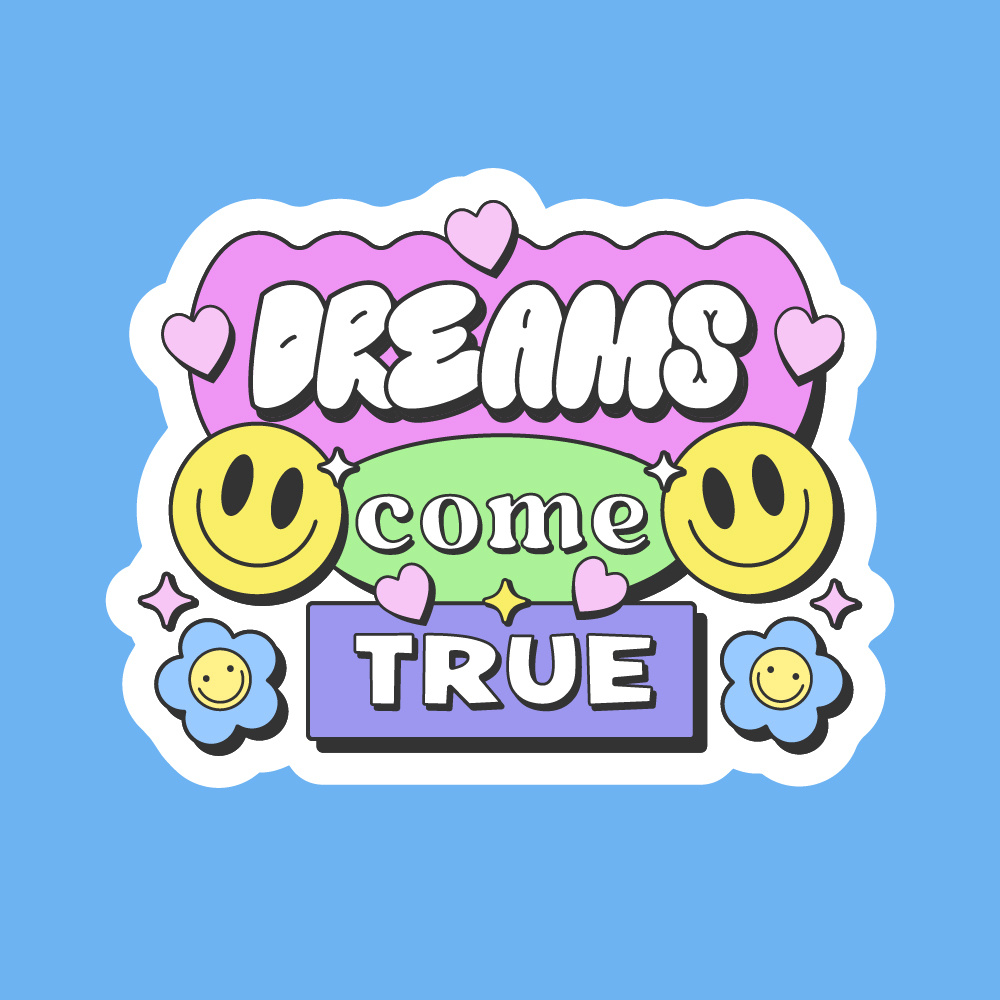 Dreams Come True Y2k Sticker. Pop Art Illustration. 90s art badge cartoon character cool design dream flower funny geometric groovy happy illustration patch pop smile sticker trendy y2k