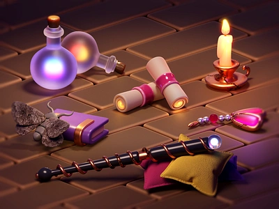 Magical props 3d 3dart b3d beauty blender book candles cartoon cycles diorama fairy isometricart magic magic wand moth pillows potion ruby scrolls