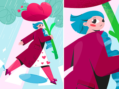 Spring bloom city design flower girl happiness illustration pink rain summer vector woman