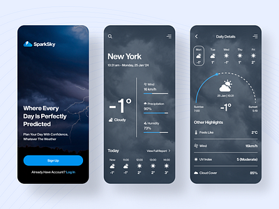 SparkSky Weather App appui branding darkmode design designtrend interfacedesign locationbased logo minimal minimalism mobileappdesign ui userexperience ux weatherapp weatherforecast