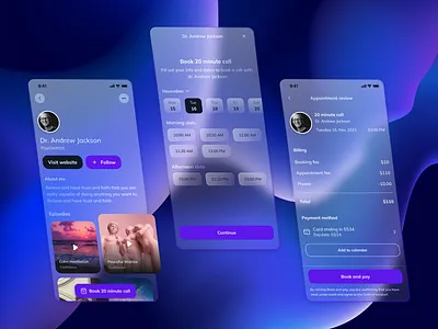 Therapist Booking App app design app ui glassmorphism meditation mobile app relax sleep therapist therapist app ui ux wellness