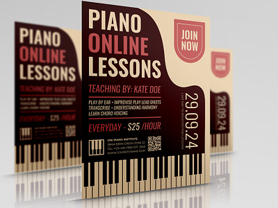 Piano Lessons Flyer Template class classical instruments melody music note online retro school teacher training vintage
