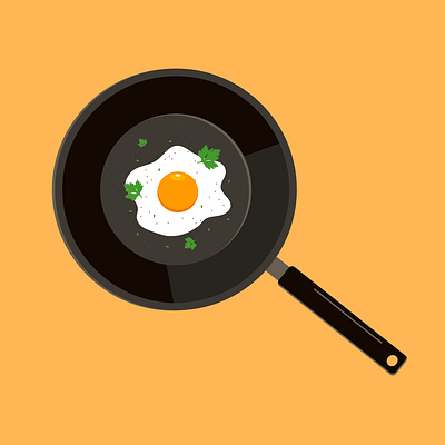 fried egg on a frying pan with parsley branding breakfast broken egg cartoon cooking eating egg food fried egg frying pan graphic design healthy illustration kitchen meal omelet pan parsley restrurant vector