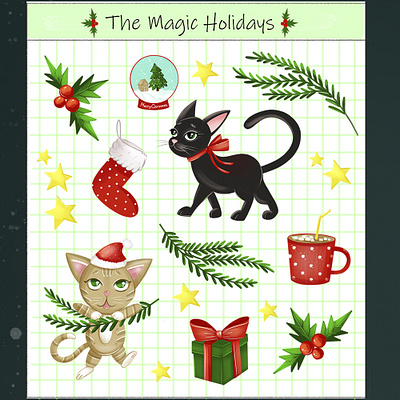 "Magical Holidays" sticker pack animals atmosphere black kittens cat christmas christmas ball christmas stickerpack illustration kitten lights new year new year atmosphere new year sock new year stickers spruce branch stars sticker stickerpack stickers striped kitten
