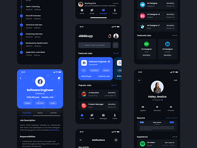 JobSkuyy Dark Mode - Job Finder UI Kit App app app design design figma jobfinder like mobile premium uikit ui ui8 uikit