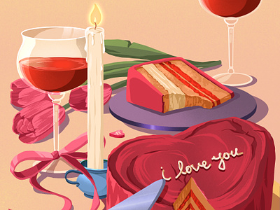 Romantic Valentines Day artwork cake candles candy illustration illustration art love tulips valentines valentines day wine