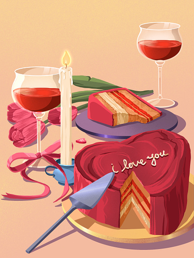 Romantic Valentines Day artwork cake candles candy illustration illustration art love tulips valentines valentines day wine