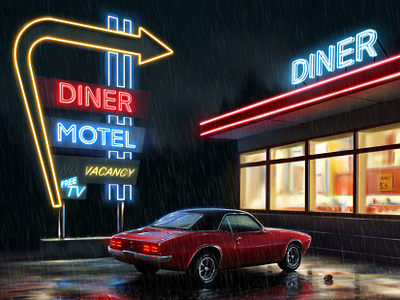 Midnight art car digital illustration diner illustration ipad midnight procreate rain