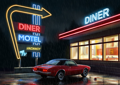 Midnight art car digital illustration diner illustration ipad midnight procreate rain