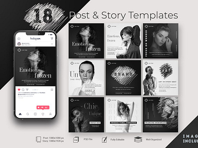 Chic and Fashion Instagram Post & Story Template banner banner design black and white chic fashion fashion design template fashion post template fashion template instagram instagram feed instagram post template instagram story template instagram template minimal post post template social media story story template template
