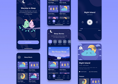 Sleeping app UI UX design in Figma android app design app ui branding design figma graphic design illustration ios landing page logo mobile app mobile designn mobile ui prototype ui ui design