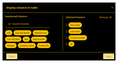 Dark theme- table column selection table column selection ui ux