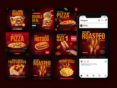 Food and Beverage Instagram Post burger chicken roasted fast food french fries fried chicken hotdog instagram post pizza