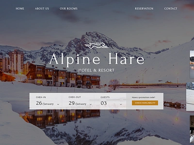 Landing page for the Alpine Hare Hotel in the Alps design hotel landing ui