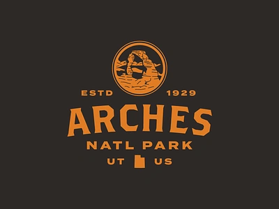 Arches National Park 1929 apparel arches badge branding illustration landscape lockup logo merch merchandise national park outdoors patch sticker travel type usa utah