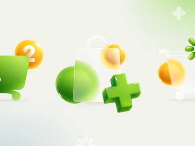 Glassmorphism style transparent shopping cart and package 3d cart glassmorphism green icon logo mark medical package plus shopping sphere transparent