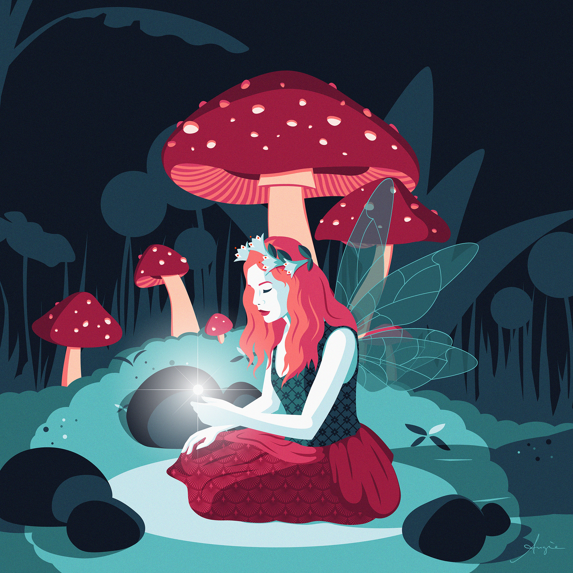 "Faery" - Daily art adobe illustrator blue contrast daily art fairy flat design forest fuchsia illustration mushrooms pink poetry red stylized vector vector illustration