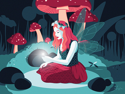 "Faery" - Daily art adobe illustrator blue contrast daily art fairy flat design forest fuchsia illustration mushrooms pink poetry red stylized vector vector illustration