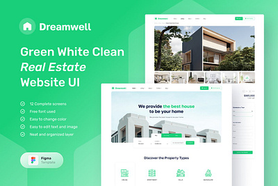 Dreamwell Clean Real Estate Website clean figma green landing page modern professional ui ui design ui ux user interface website website design website template white