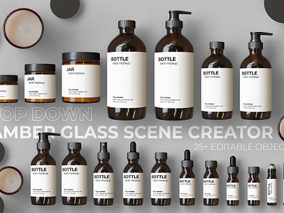 Top down Amber Glass Scene Creator bottle label mockup candle jar mockup cosmetics mockup dropper bottle mockup editable editable planner jar label mockup jar mockup packaging plastic pump bottle mockup realistic separated spray bottle mockup