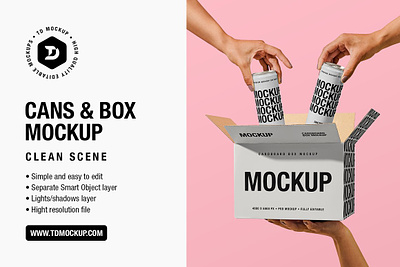 Cans and a Box - Mockup 2 cans beer cans cans and a box mockup cardboard box clean drink energy can female hands fully editable holding mockup juice mockup soda can mockup templates for instagram tin can mockup trendy