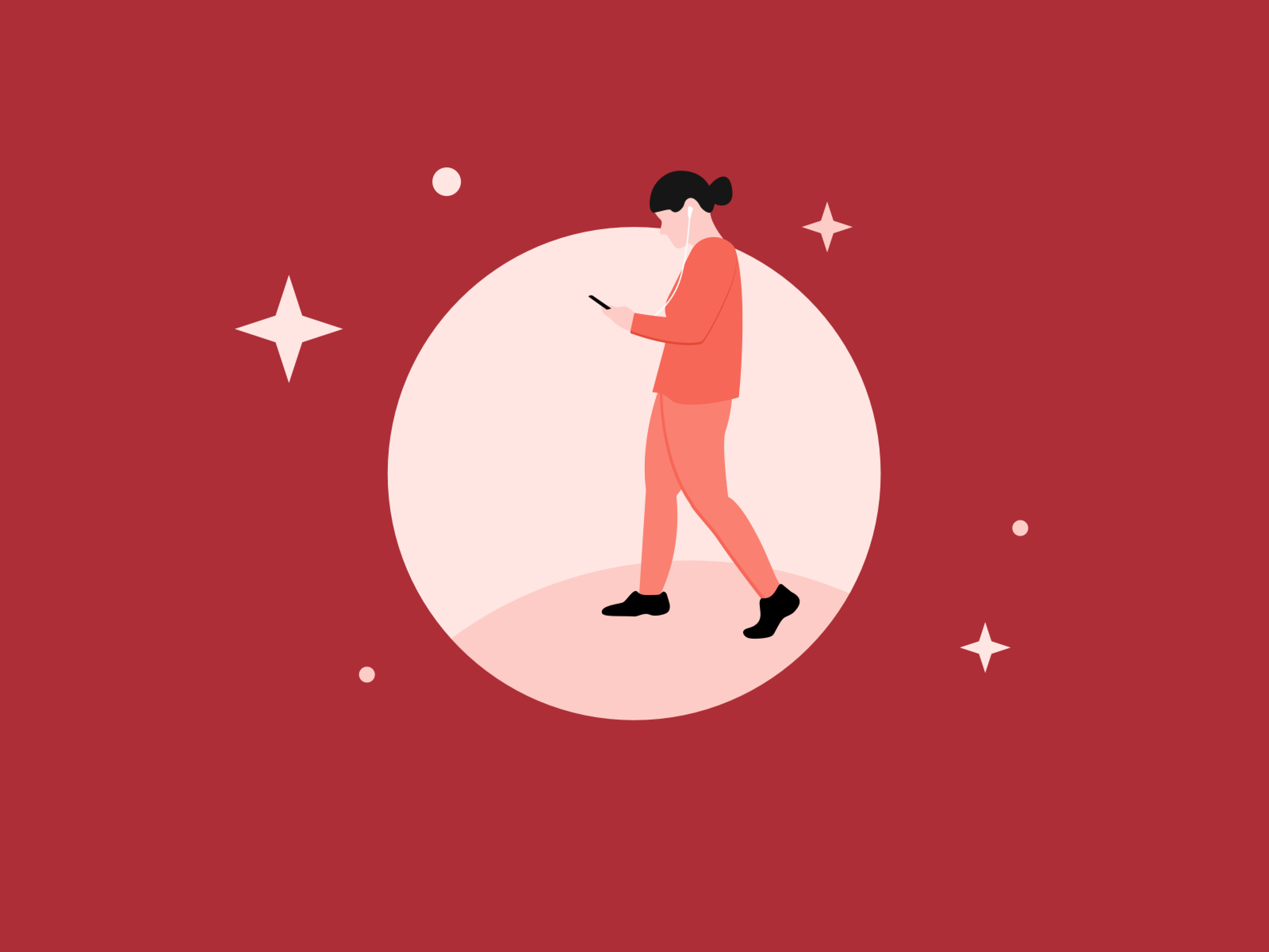 Listening to an audiobook app audio audiobook book empty screen girl graphic design headphone illustration listening music phone pink stars walking woman