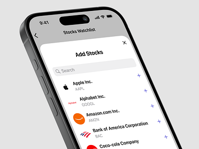 Stocks Watchlist - Add Stocks [Concept] app banking clean ui fintech investment app ios list sarjil search stocks stocks watchlist ui uiux ux watchlist