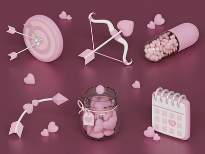 Valentine's Day Icons 3d 3d icons blender bow and arrows heart love pink pink heart romance valentine valentines day