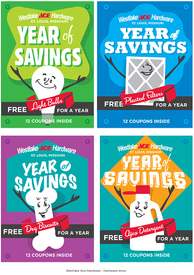 Year of Savings Coupon Booklets adobe illustrator booklet branding character design coupons design graphic design illustration promotion rubberhose characters typography vector