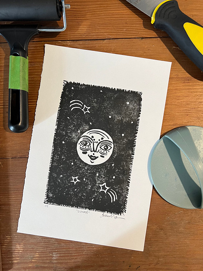 Lunar block printing eclipse fine art linocut lunar moon printmaking