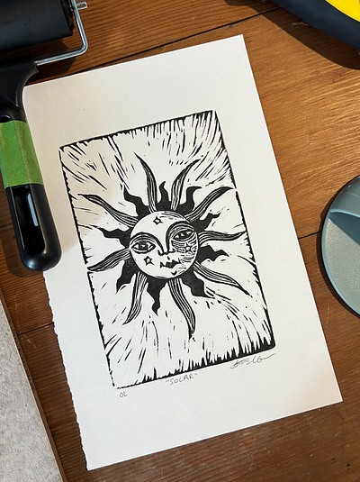 Solar block print drawing fine art linocut printmaking solar sun