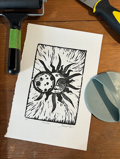 Eclipse art block print drawing eclipse fine art linocut lunar moon printmaking solar sun