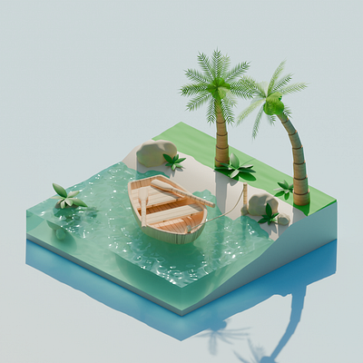 3D Cute Island 3d 3d boat 3d designer blender boat clay cute design graphic design illustration island summer wireframe
