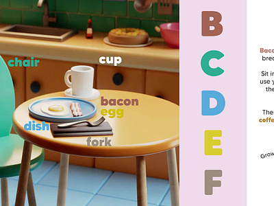 "Hello, Kitchen" (Kids' ABC Book) 3d breakfast c4d chair childrens book cinema 4d collablab color fridge kidlit kidlitart kids book kitchen materials oj oven render sink toaster