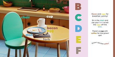 "Hello, Kitchen" (Kids' ABC Book) 3d breakfast c4d chair childrens book cinema 4d collablab color fridge kidlit kidlitart kids book kitchen materials oj oven render sink toaster