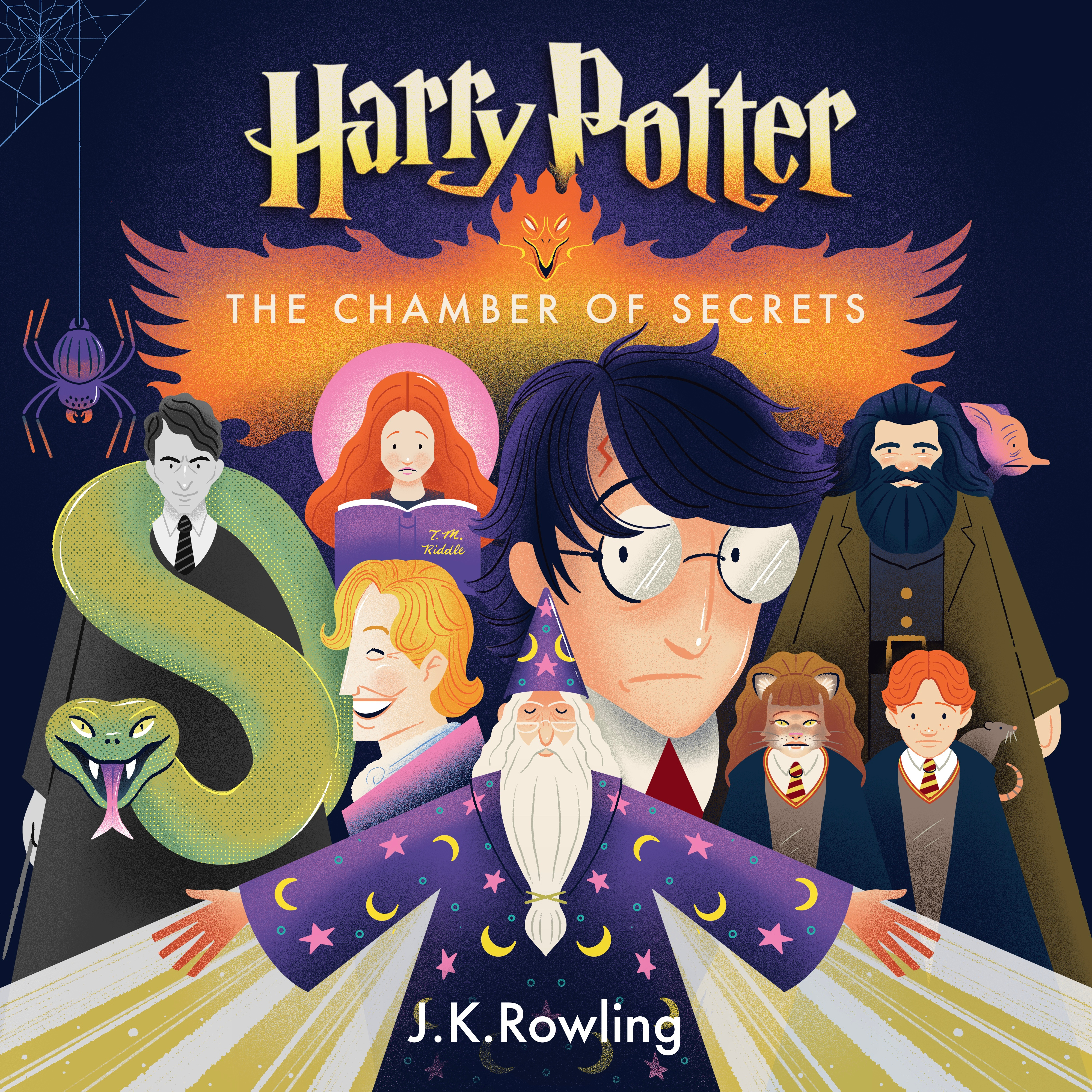 Harry Potter & The Chamber of Secrets Cover Illustration book design chamber of secrets character design dumbledore fan art fantasy fiction hagrid harry potter hermione granger hogwarts illustration procreate snake spider texture