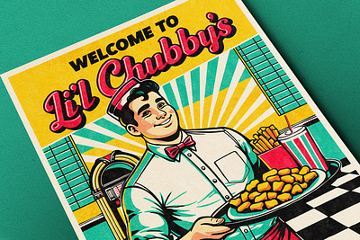 Li'l Chubby’s Illustrated Poster diner food graphic design illustration louisiana nuggets procreate restaurant retro vector vintage