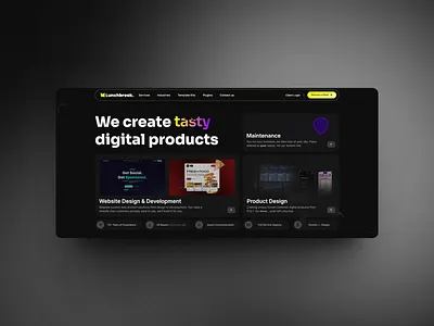 Lunchbreak Agency Dark Hero Bento bento branding dark mode elementor gradient graphic design hero ui ux web design website wordpress yellow