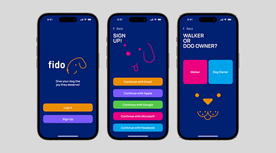 Fido Dog Walking App app design branding colorful dog walking app dogs dribbble product design academy graphic design playful typography ui veterinarians