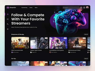 Game Streaming Website, Homepage UI Design cards dark dark mode game game streaming gaming homepage landing page live stream live streaming live website stream stream overlay streamer twitch twitch overlay ui design video video game website ui