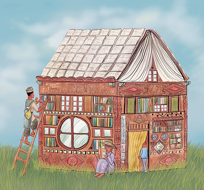 "House of books" architecture art book children illustration color pencil design draw dream illustration library madagascar reading water ink
