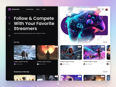 Video Game Streaming Website, Dark Mode, Light Mode, UI Design card design dark mode dark theme game streaming home page homepage landing page light mode light theme live stream play player stream overlay streamer twitch twitch overlay ui design video game video streaming website ui