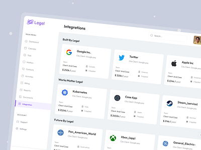 Dashboard Integrations Page. attorney branding dashboard figma graphic design integration law law firm lawdashboard motion graphics portfolio website product professional saas saas law firm ui user interface ux web web design