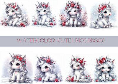 Cute watercolor unicorn(8) baby unicorn clipart cute cute unicorn clipart design fantasy anime unicorn floral funny animal clipart graphic design illustration red rose unicorn