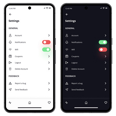Setting Page Light Mode & Dark Mode app design ui design